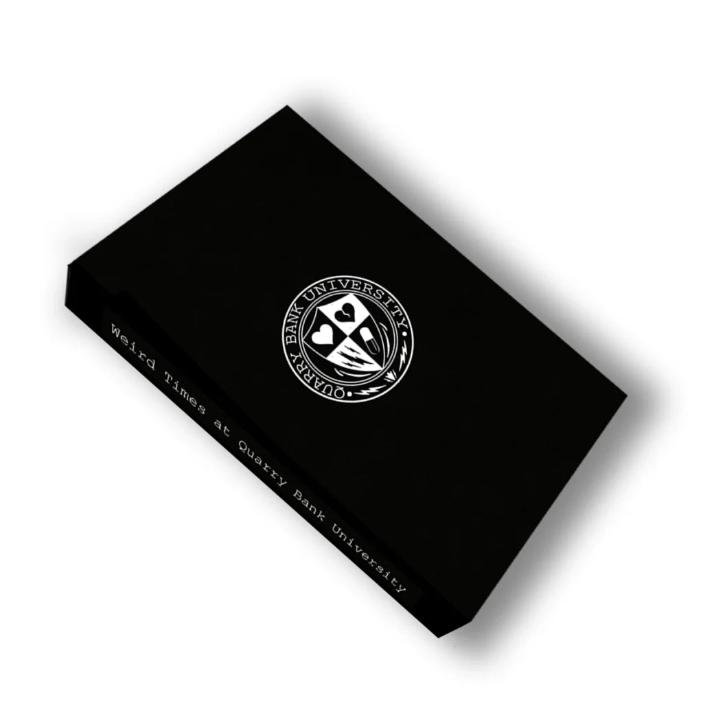Black quarry bank university comic book with white circular crest for weird times adventure