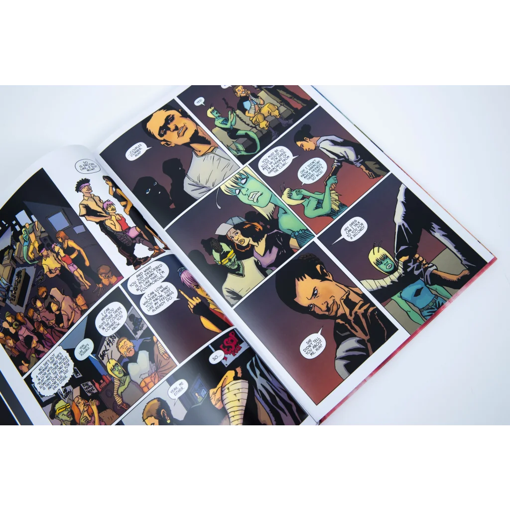 Open comic book with colorful illustrations and dialogue bubbles from Weird Times at Quarry Bank University