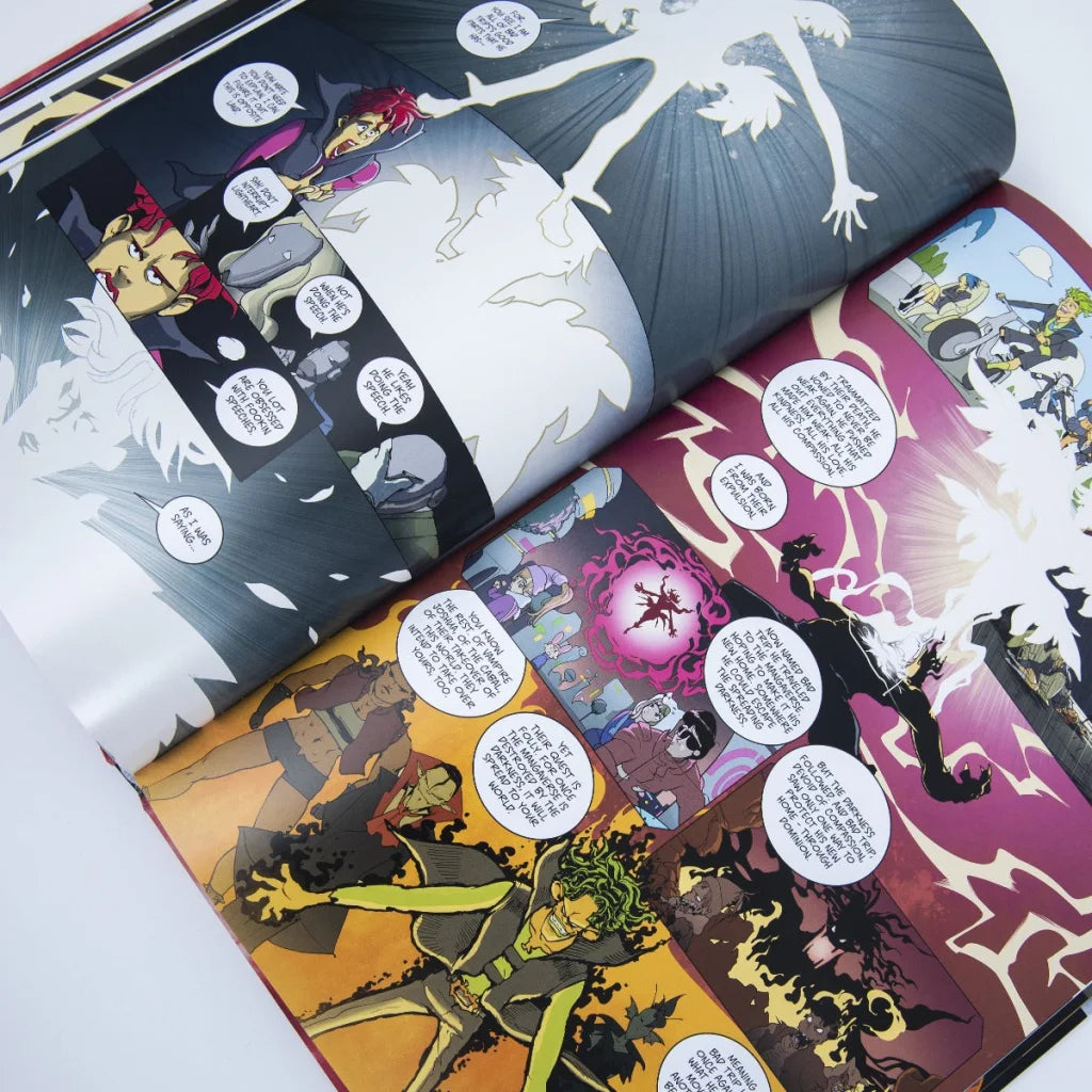 Open graphic novel with vibrant illustrations from Weird Times at Quarry Bank University