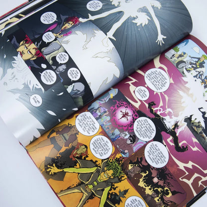 Open graphic novel with vibrant illustrations from Weird Times at Quarry Bank University