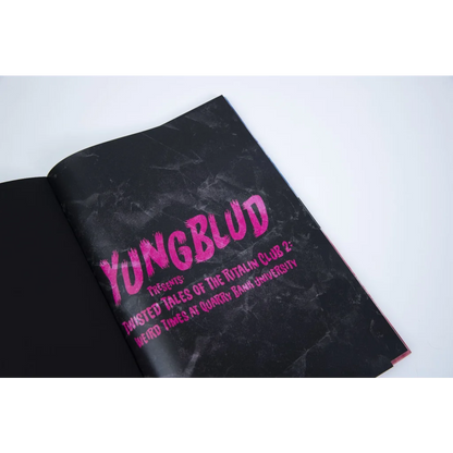 Open black booklet with pink text from Weird Times at Quarry Bank University graphic novel
