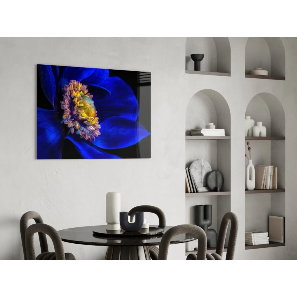 Stunning blue flower glass wall art on black canvas with vibrant petals