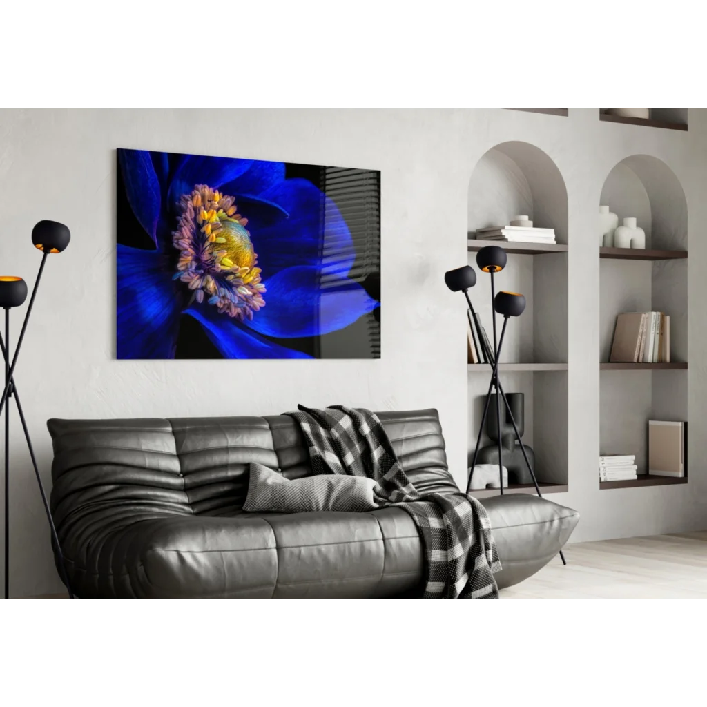 Stunning vibrant blue flower glass wall art on black canvas with yellow purple center