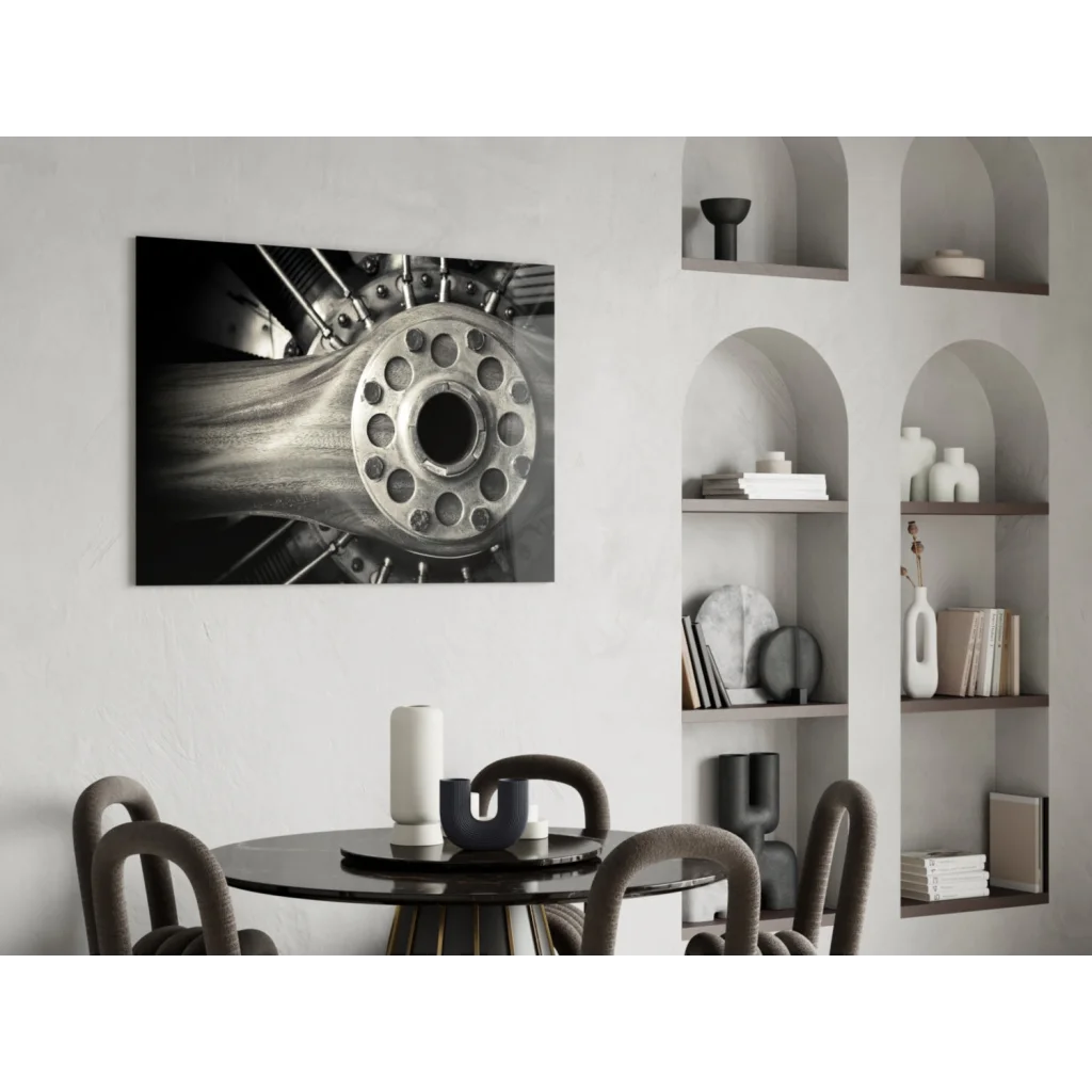 Black-and-white aviation engine hub wall art print on glass wall