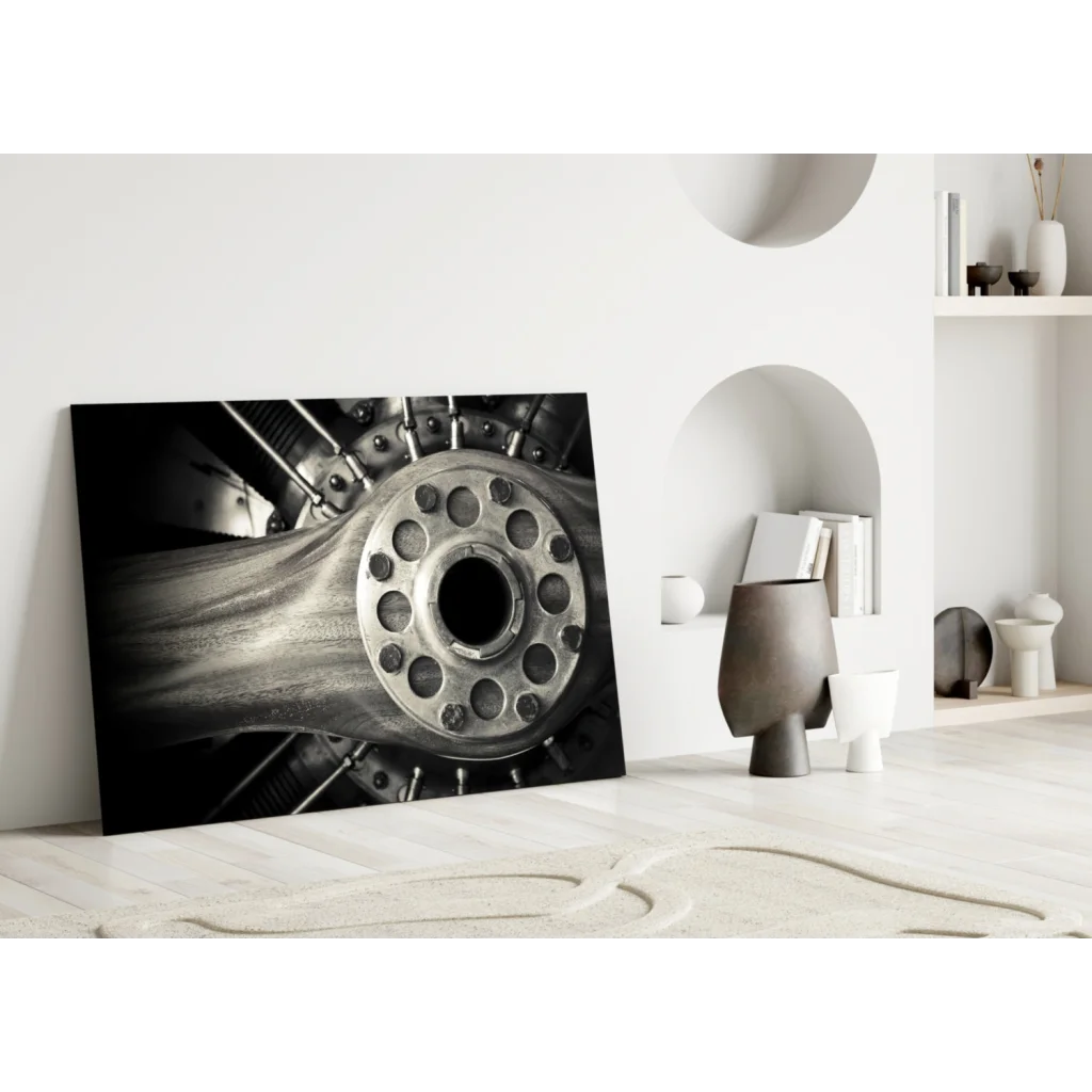 Black-and-white canvas wall art of aircraft engine hub close-up