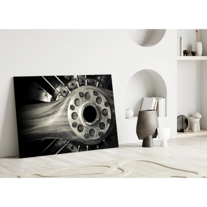 Black-and-white canvas wall art of aircraft engine hub close-up