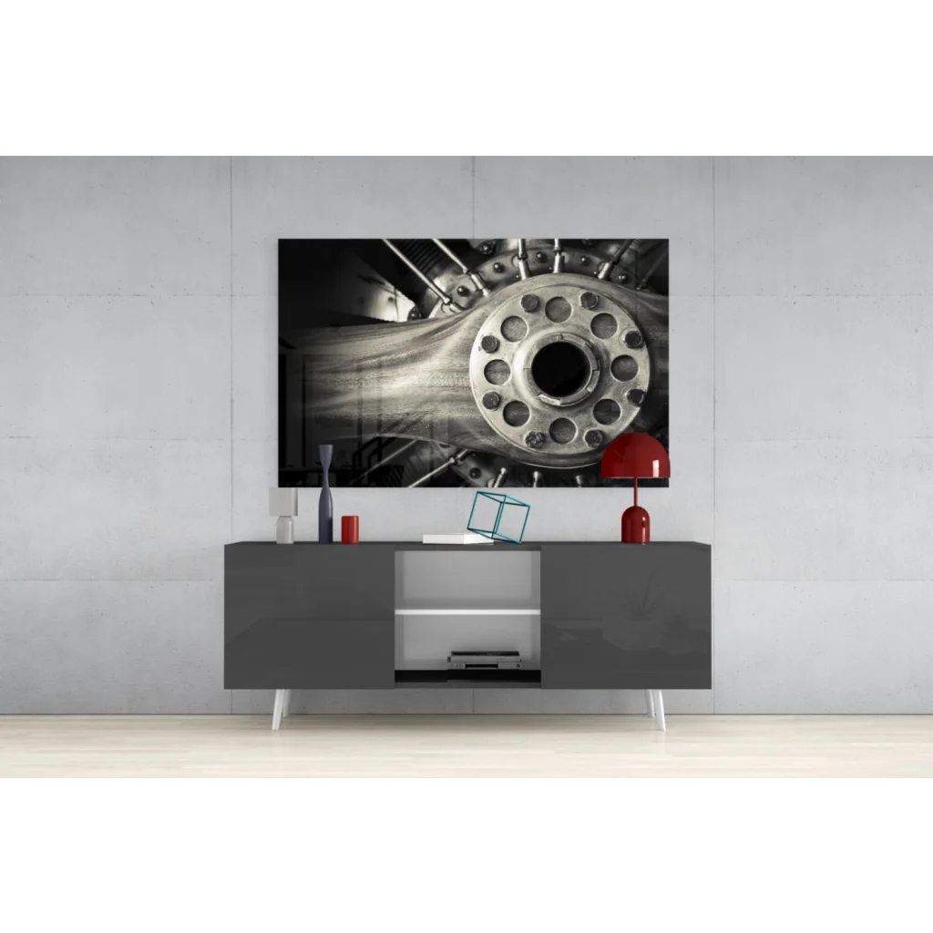 Black-and-white aviation engine hub wall art print on glass