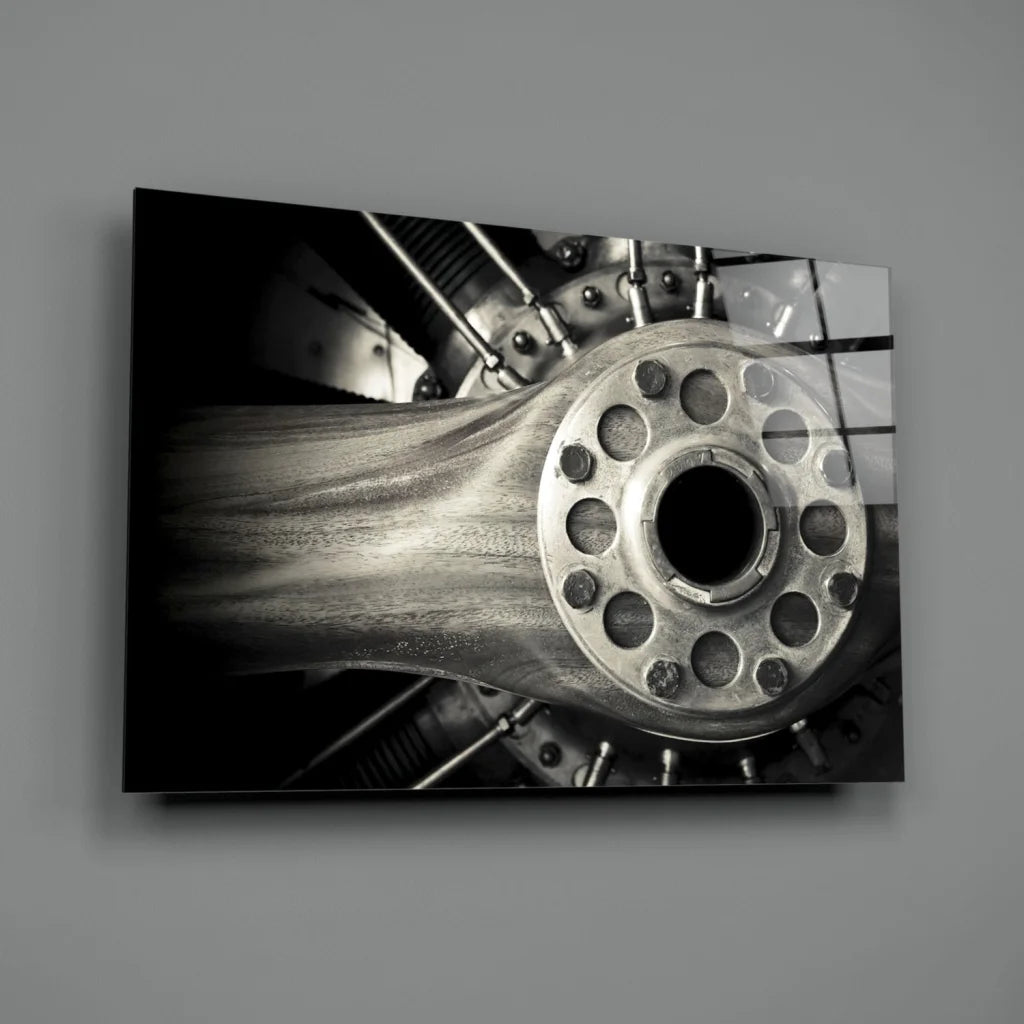 Black and white aviation engine hub canvas wall art close-up