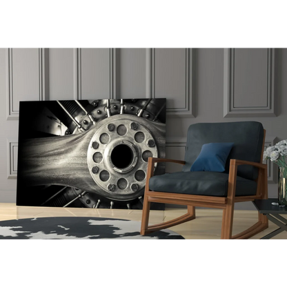 Black-and-white aviation engine hub canvas wall art close-up