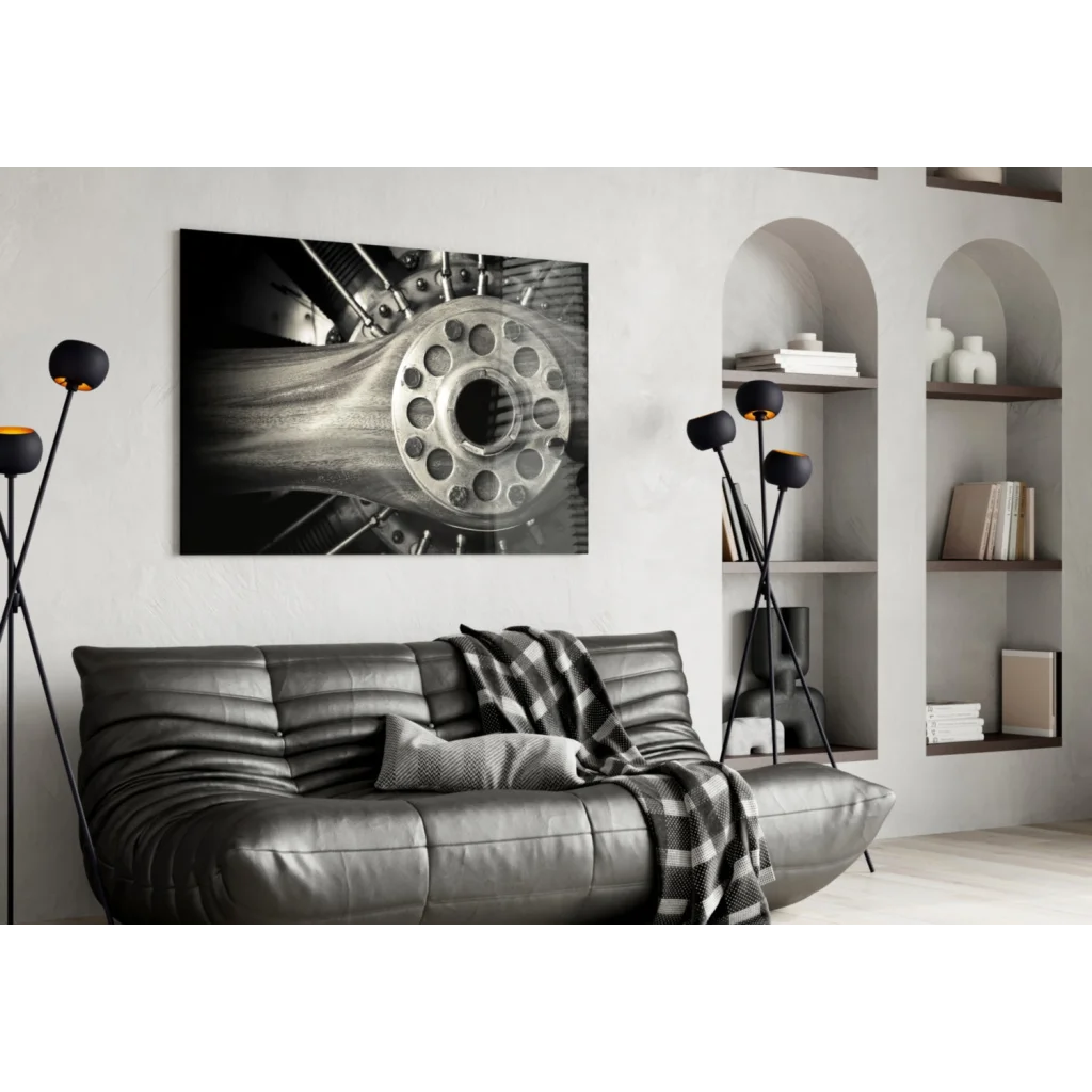 Vintage aircraft engine hub black-and-white wall art print