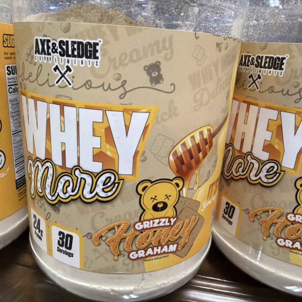 Axe & Sledge Whey More grizzly honey graham protein powder bear container