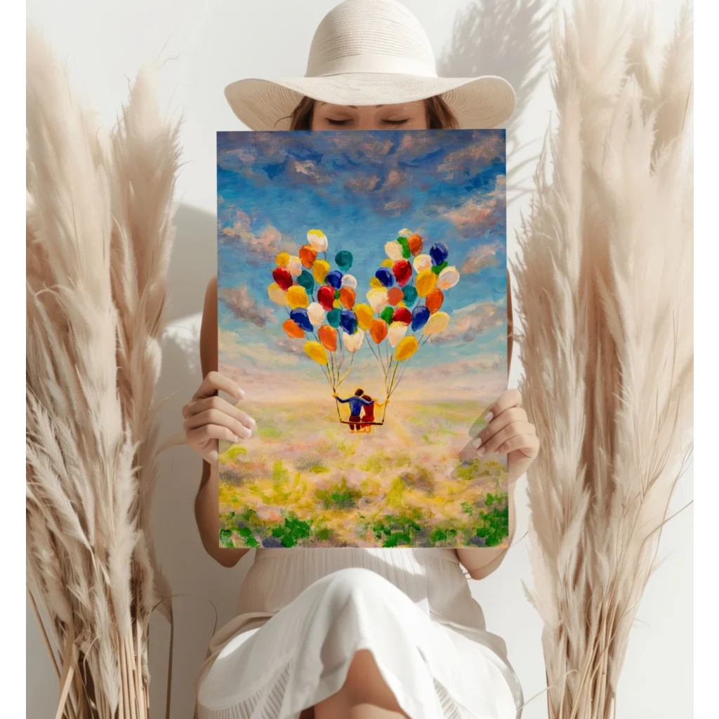 Whimsical balloon adventure canvas print with flying person in vibrant Pixar colors