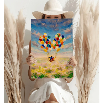Whimsical balloon adventure canvas print with flying person in vibrant Pixar colors