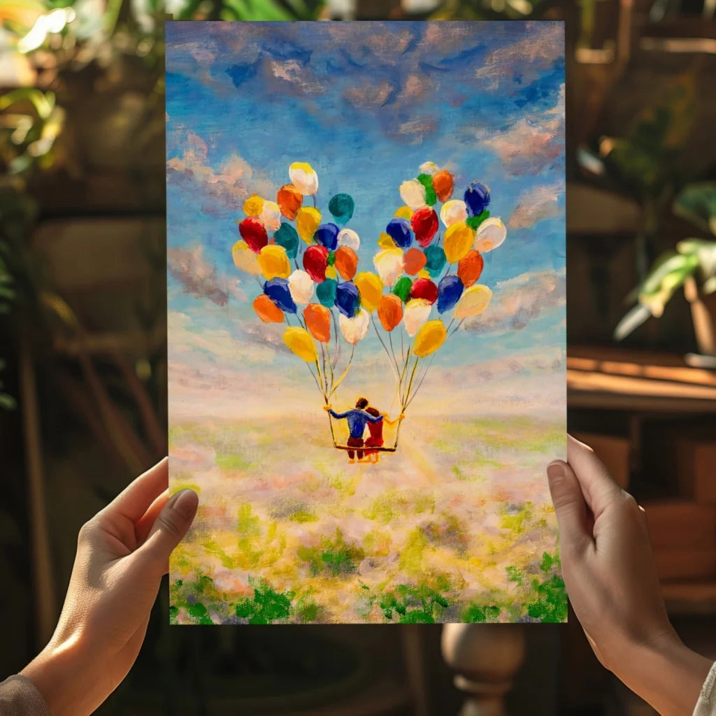 Heart-shaped balloon poster in vibrant Pixar colors on whimsical canvas print