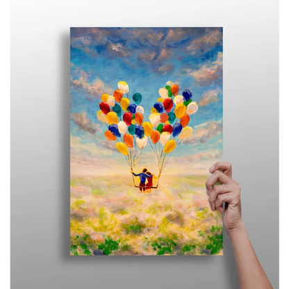 Whimsical balloon adventure canvas print in vibrant Pixar colors