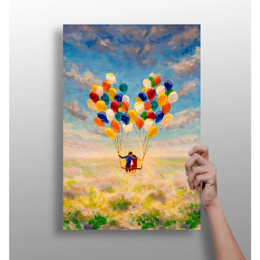 Whimsical balloon adventure canvas print in vibrant Pixar colors