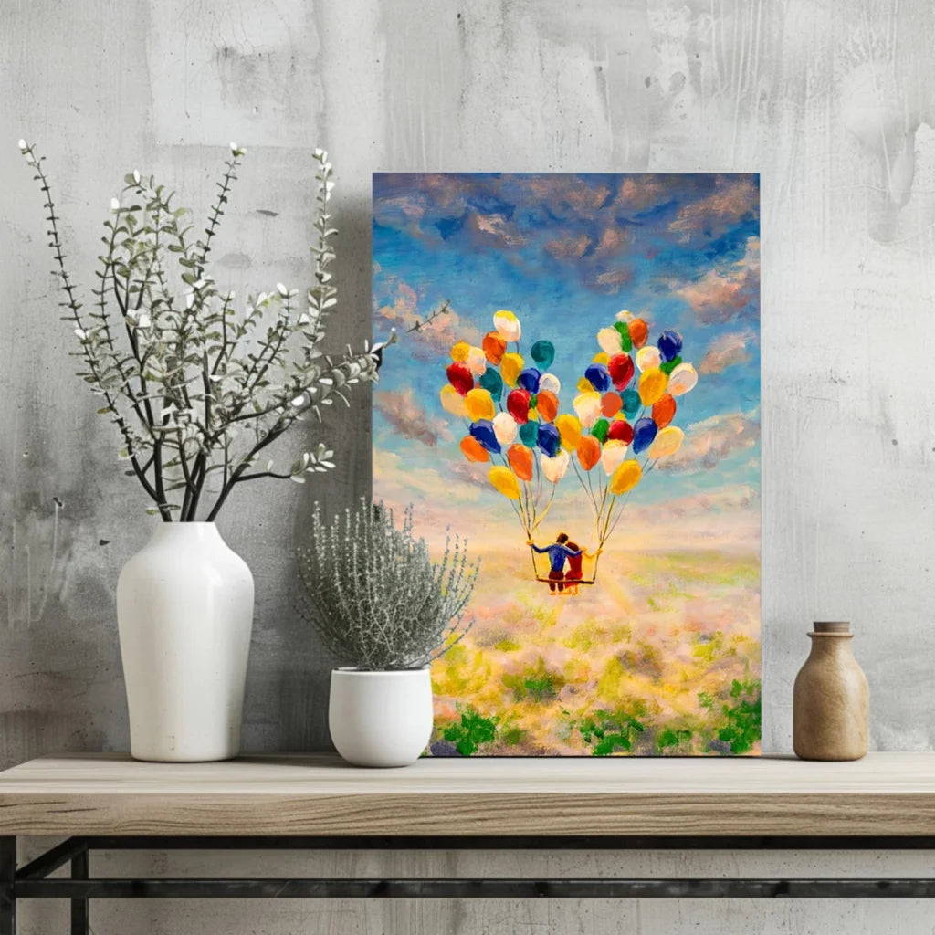 Whimsical balloon adventure canvas print in vibrant Pixar colors