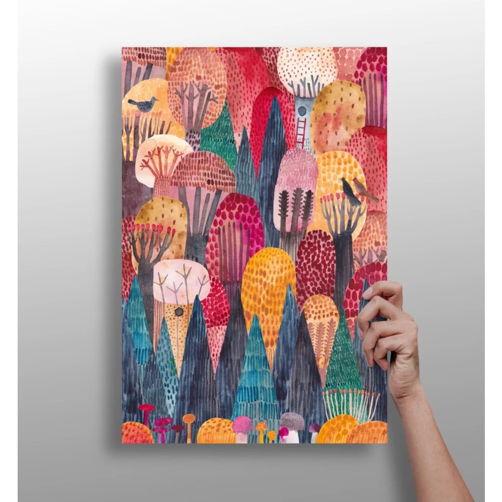 Vibrant Whimsical Forest Dreams aluminum art print with colorful watercolor trees and mushrooms