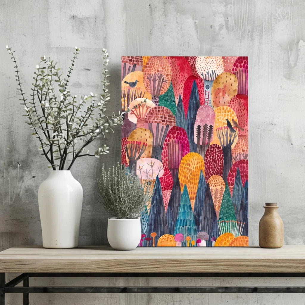 Vibrant whimsical forest dreams aluminum art print with bold colorful trees