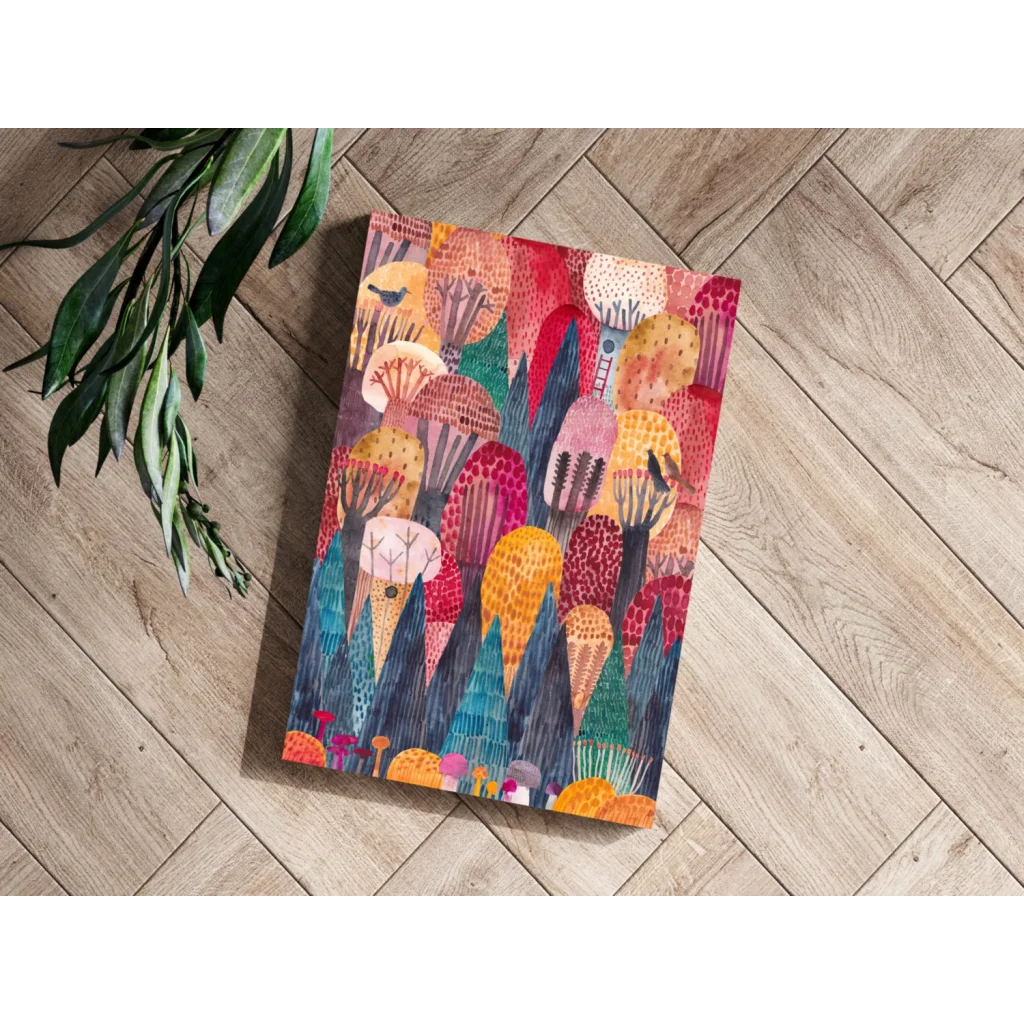Whimsical Forest Dreams aluminum art print with colorful abstract trees and mushrooms
