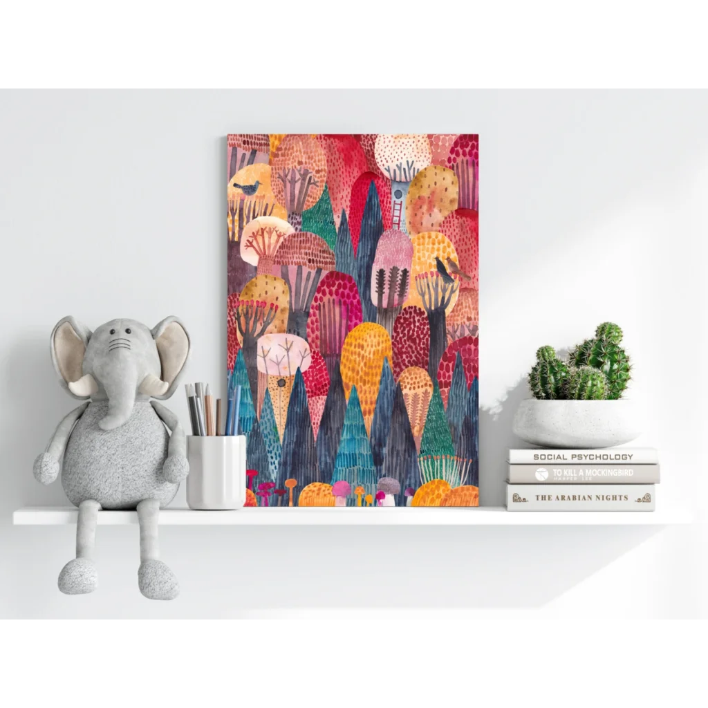 Whimsical Forest Dreams aluminum print with vibrant watercolor trees and mushrooms in bold reds, pinks, oranges, and blues
