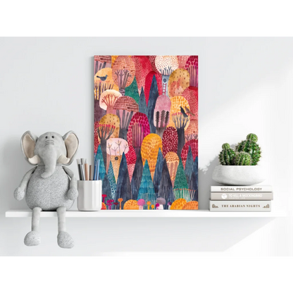 Whimsical Forest Dreams aluminum print with vibrant watercolor trees and mushrooms in bold reds, pinks, oranges, and blues