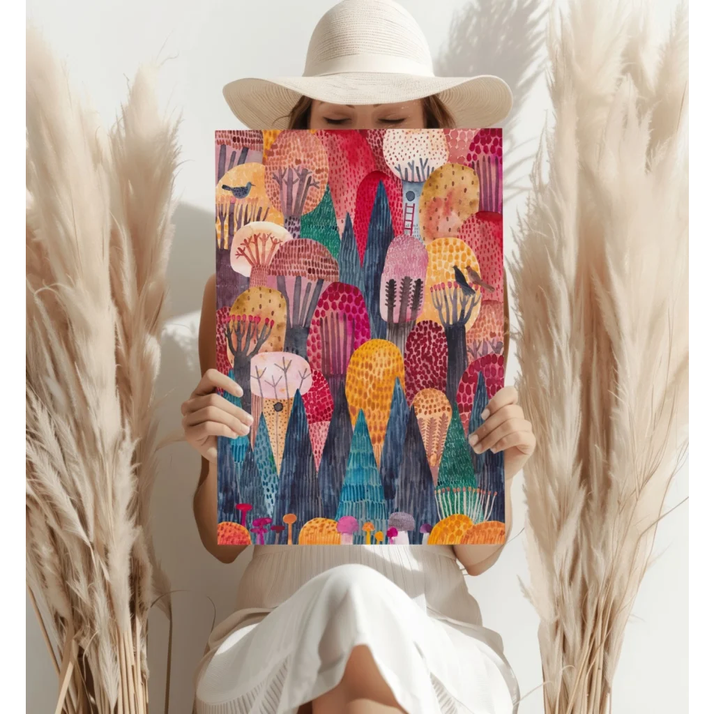 Whimsical Forest Dreams art print with colorful stylized trees