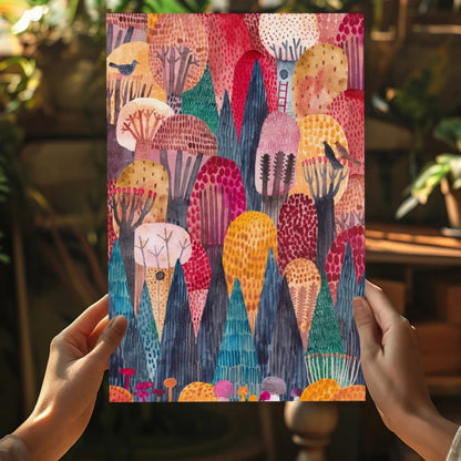 Vibrant Whimsical Forest Dreams aluminum art print with colorful dotted trees