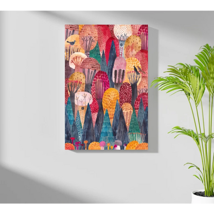 Vibrant Whimsical Forest Dreams aluminum art print with bold stylized trees