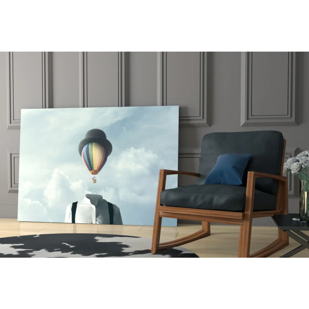 Whimsical rainbow hot air balloon wall art with bowler hat design