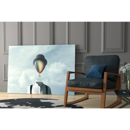 Whimsical rainbow hot air balloon wall art with bowler hat design