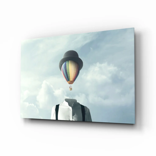 Whimsical rainbow hot air balloon bowler hat wall art on canvas
