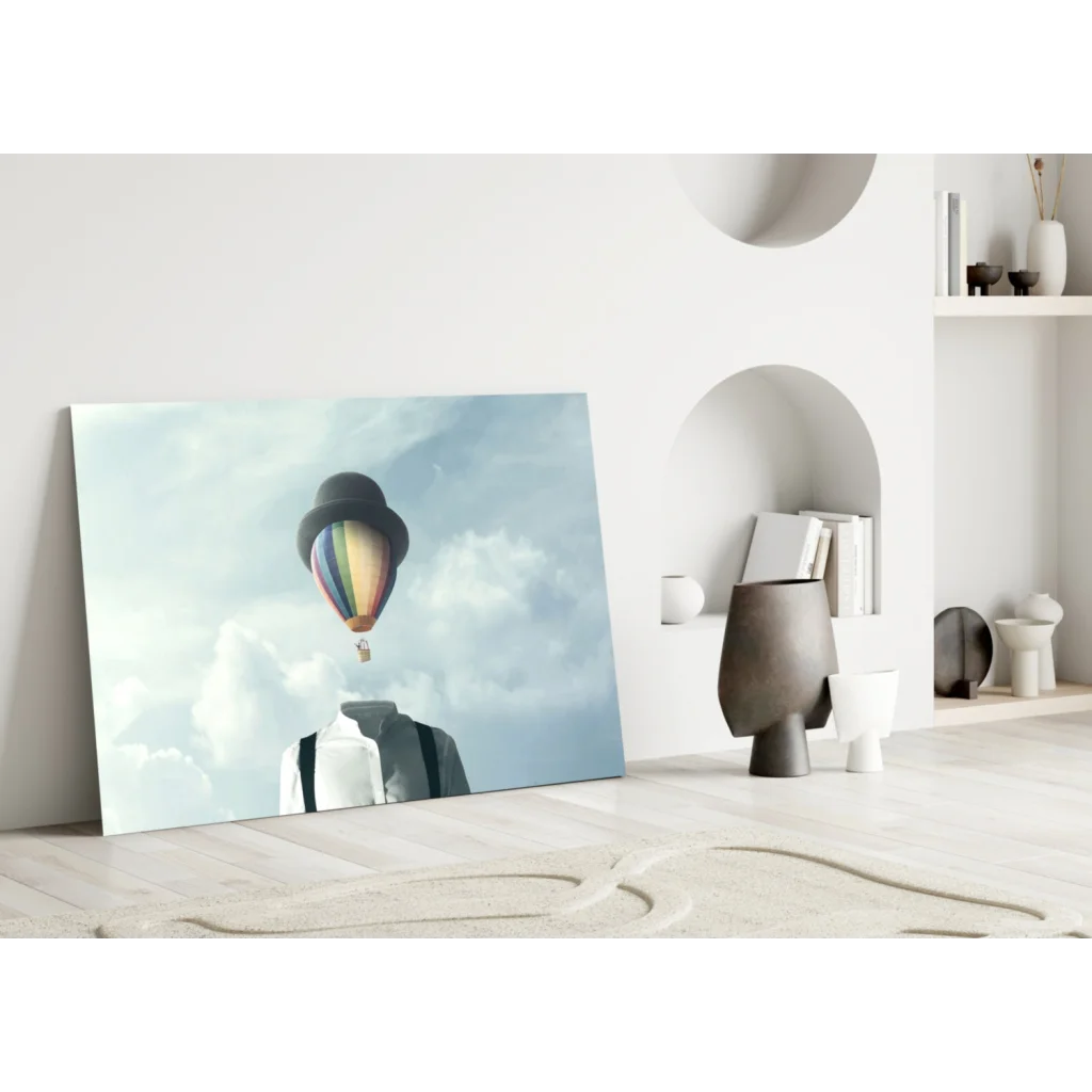 Whimsical rainbow hot air balloon canvas wall art floating over geometric shapes