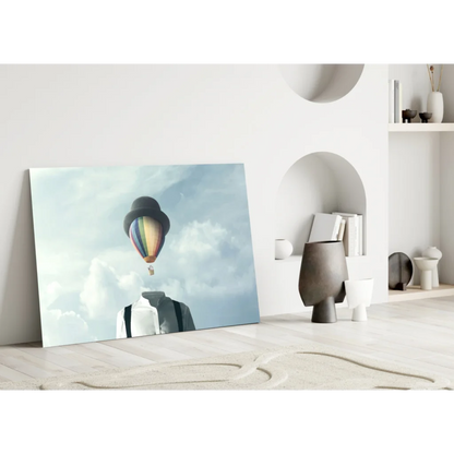 Whimsical rainbow hot air balloon canvas wall art floating over geometric shapes