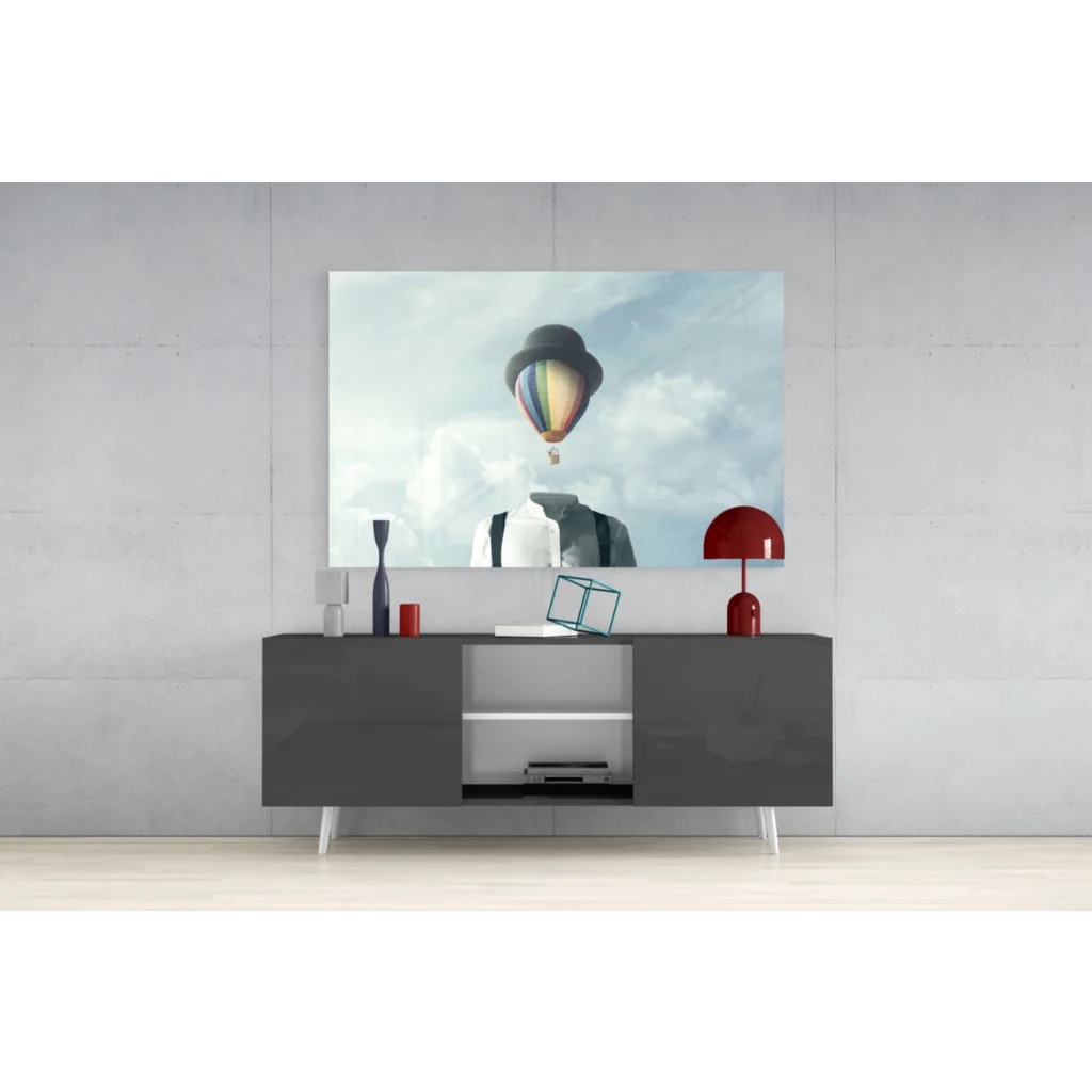 Modern gray lacquered sideboard with white legs and silver hardware wall art