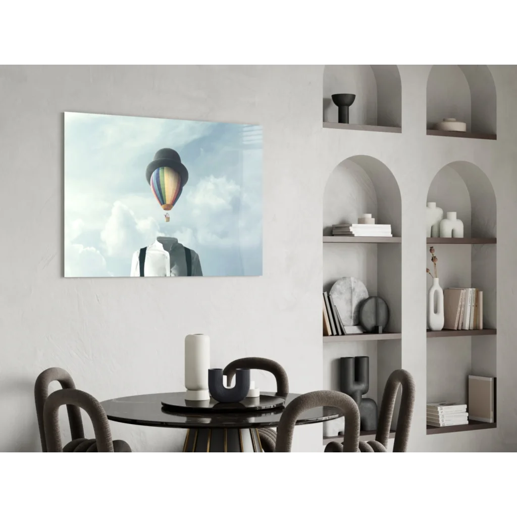 Modern whimsical hot air balloon wall art tapestry in neutral tones