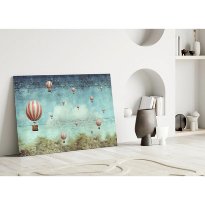 Whimsical vintage hot air balloon wall art canvas print in pastel colors