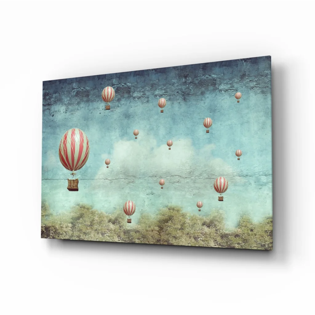 Whimsical vintage hot air balloon wall art canvas print in pastel stripes
