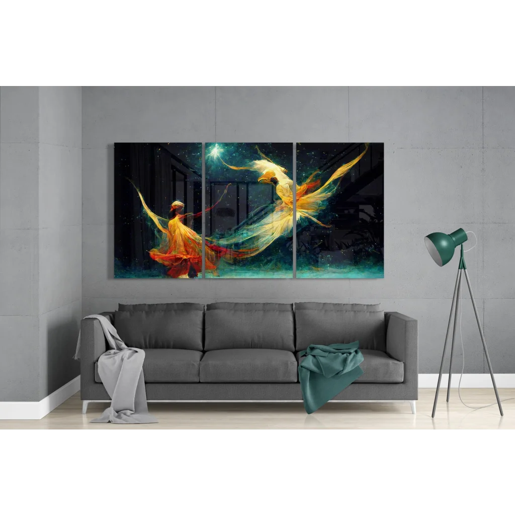 Vibrant cosmic dancer glass wall art triptych with phoenix wings