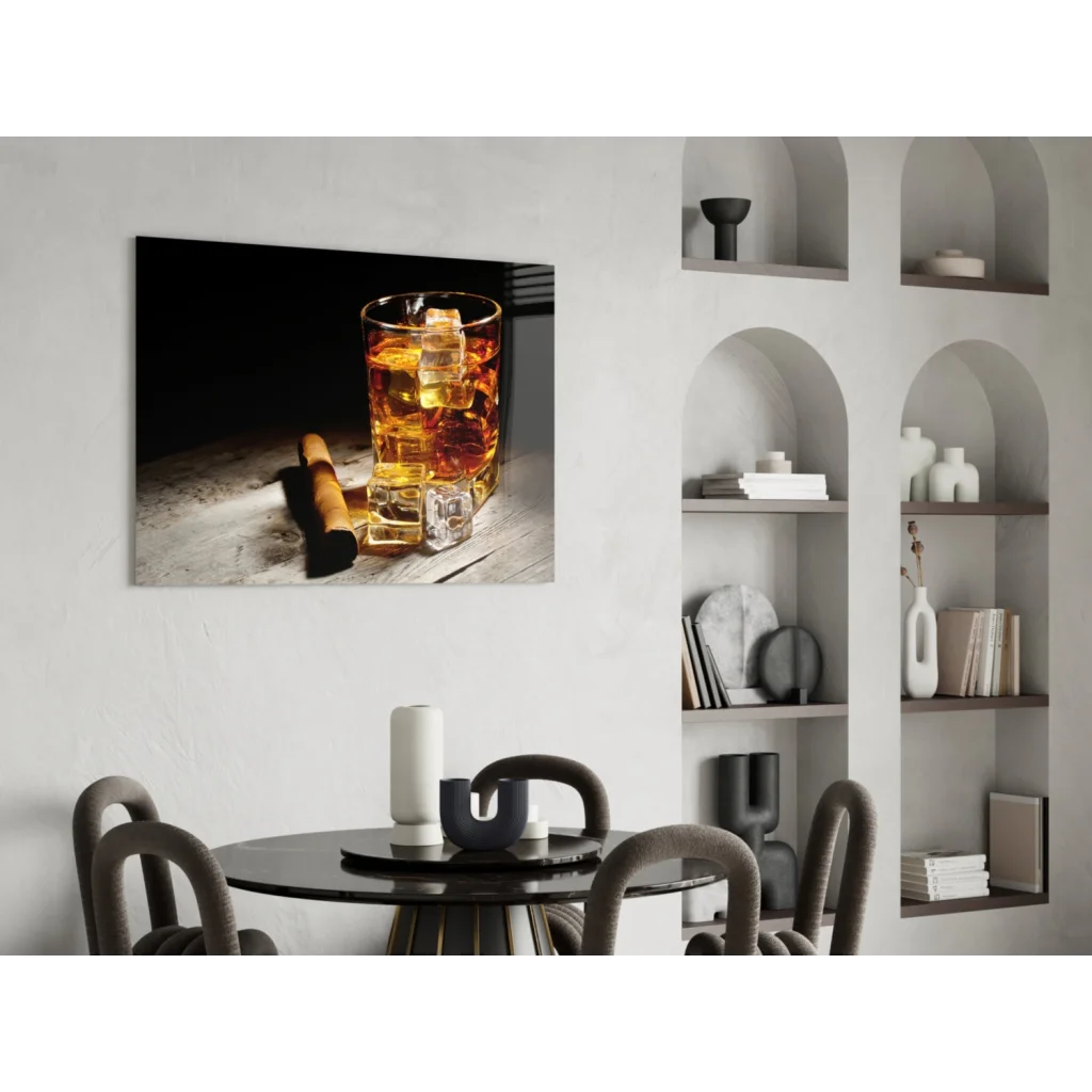 Framed whiskey glass wall art canvas print with cigar on wood