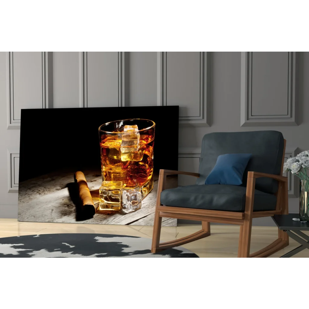 Framed whiskey glass wall art canvas print with ice and cigar on wood