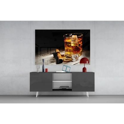 Framed whiskey glass wall art canvas print with cigar