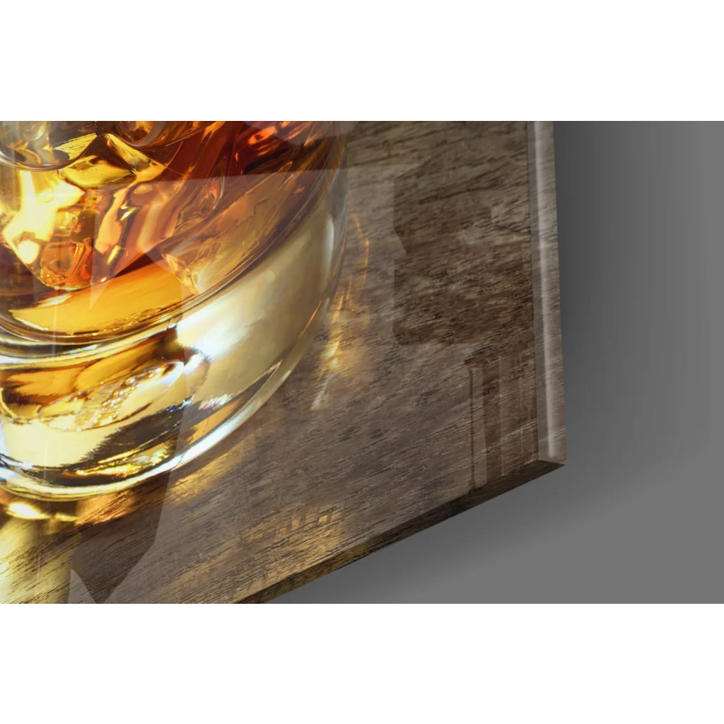 Amber whiskey in glass tumbler on wood, whiskey decanter glass wall art print