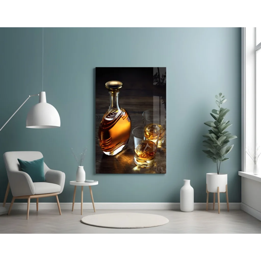 Golden whiskey bottle and glasses glass wall art canvas print