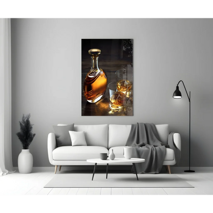Whiskey decanter glass wall art canvas print with amber liquid