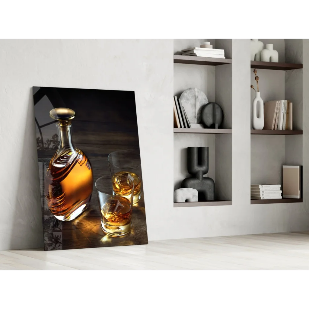 Whiskey decanter glass wall art canvas print with amber liquid and glasses