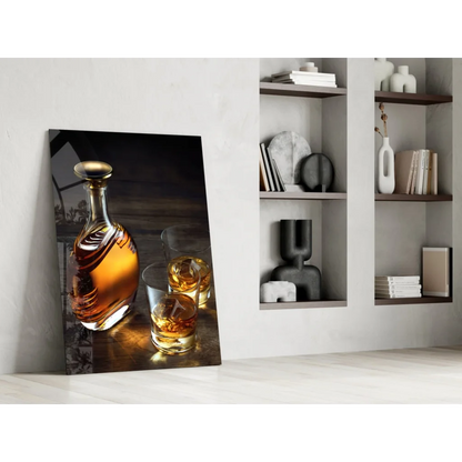 Whiskey decanter glass wall art canvas print with amber liquid and glasses