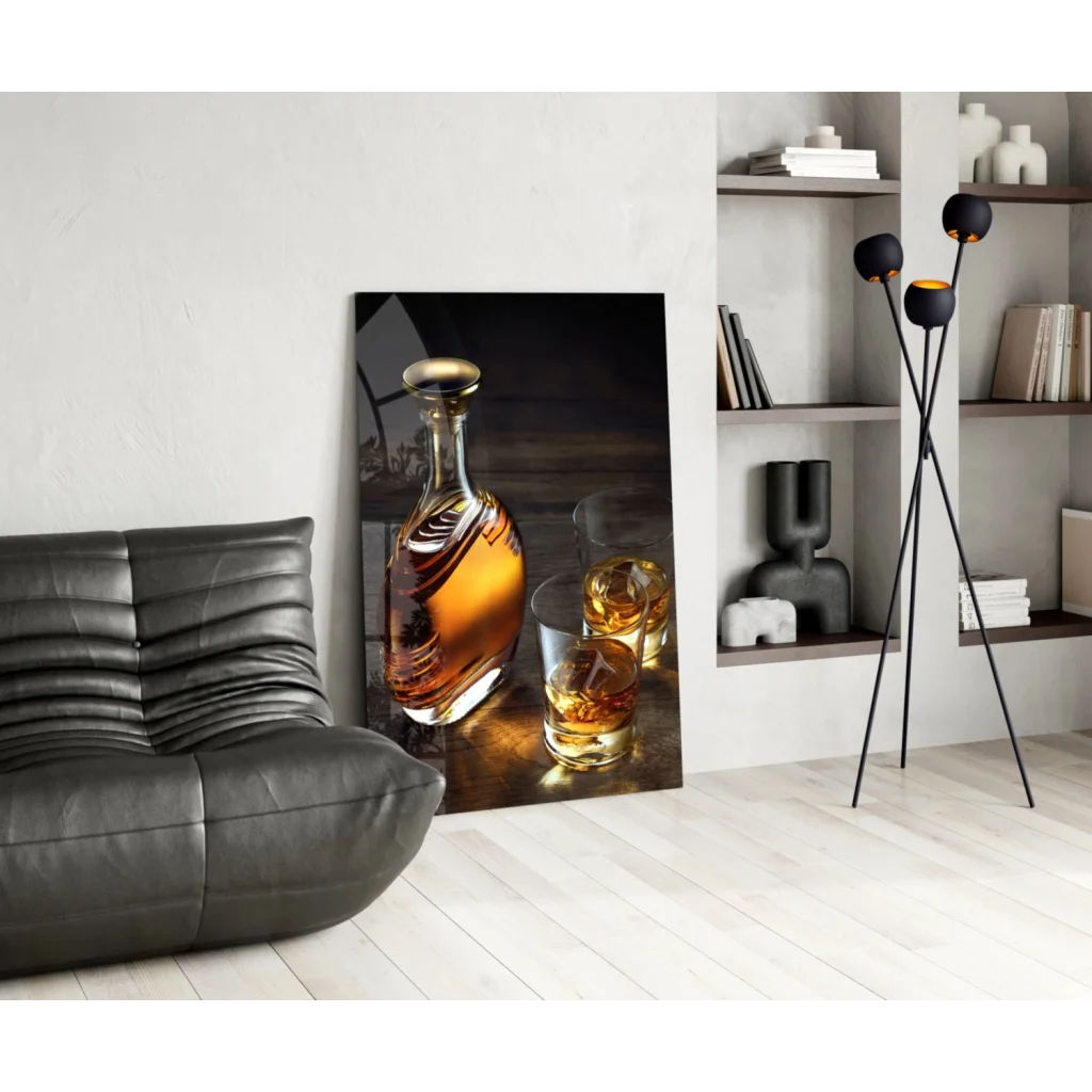 Whiskey decanter glass wall art canvas print with amber liquid glasses