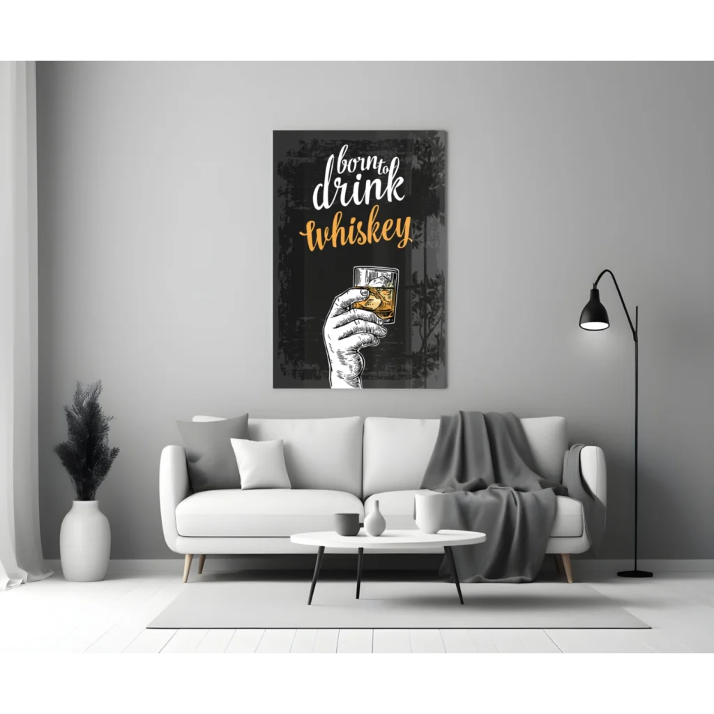 Black and gold born to drink whiskey glass wall art with stylized hand holding amber drink