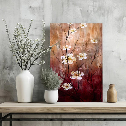 White Cherry Blossoms on Sunset Aluminum Canvas Art with delicate blooms